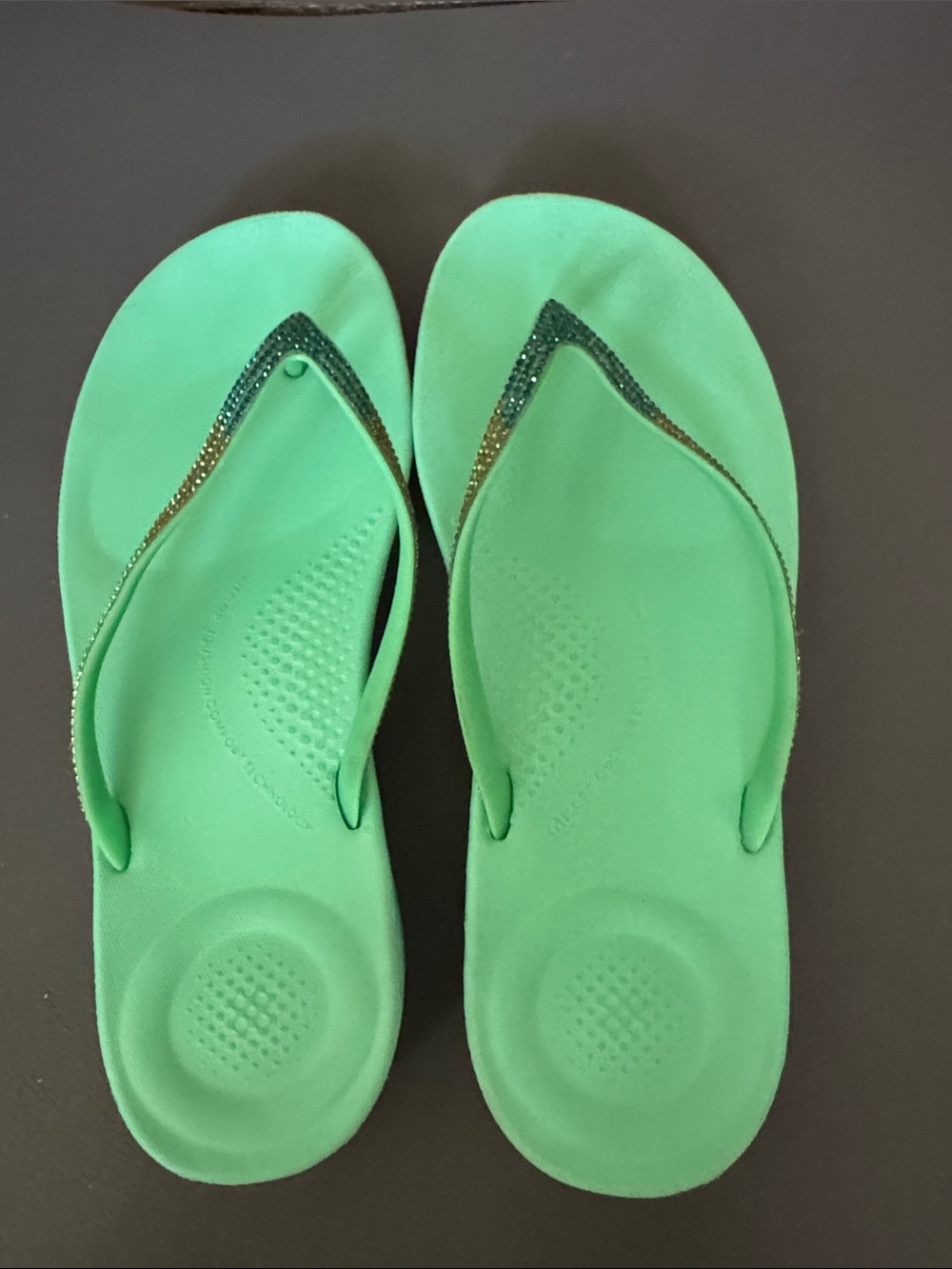 Fitflop Women's Green Comfort Flip Flops with Silver Embellished Straps